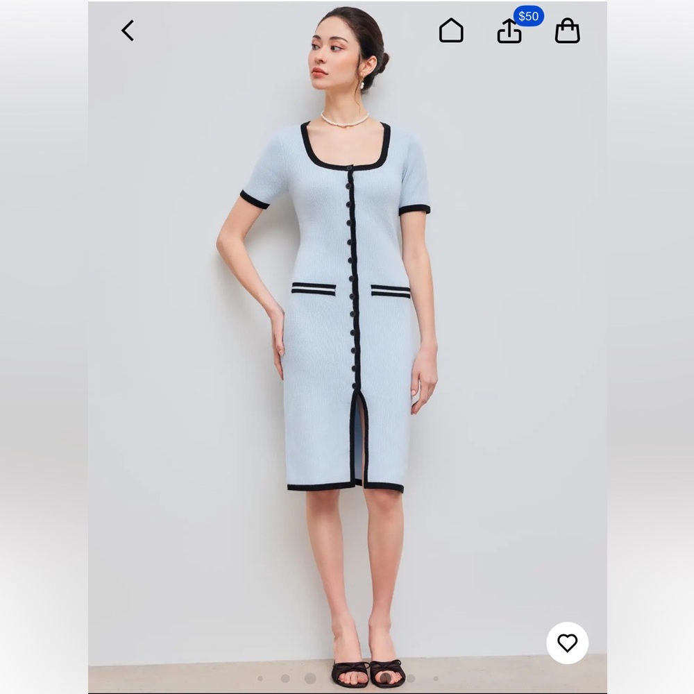 CIDER KNIT SQUARE NECK CONTRASTING BINDING BUTTON MIDI DRESS NEW SIZE SMALL